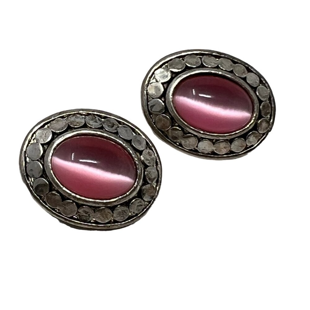 Vintage Clip On Earrings Pink Faux Moonstone Glass‎ Stones Silver Tone